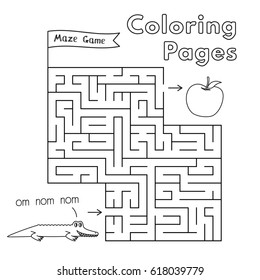 Cartoon alligator maze game. Vector coloring book pages for children