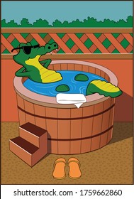 A cartoon alligator relaxes in an outdoor hot tub.