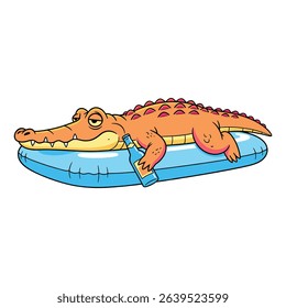 Cartoon Alligator Relaxing on a Pool Float with a Drink, Summer Fun Illustration