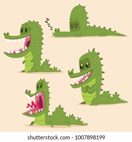 Cartoon alligator set. Vector character of funny green crocodile isolated on background.