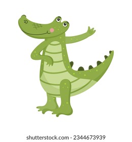 Cartoon alligator, smiling childish crocodile, reptile animal, zoo, comic, jungle, green, cute happy character, wild friendly toy. Isolated on white background. Vector illustration.