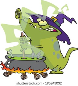 cartoon alligator stirring a cauldron