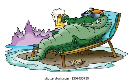 cartoon alligator sunbathing and relaxing on the beach vector illustration