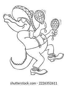 Disparador de dibujos animados. Esbozo vectorial de una caricatura de cocodrilo aislada en blanco. Músico de cocodrilos de dibujos animados. Alegre lagarto en un sombrero mexicano con maracas. El lagarto bailando.