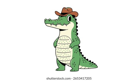 Cartoon alligator wearing a cowboy hat standing tall and proud in the wilderness