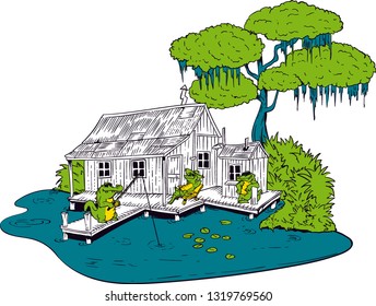 Cartoon Alligators Fishing Shack Swamp