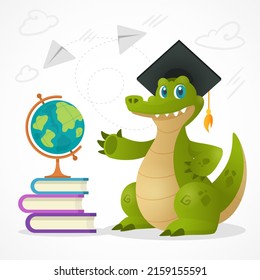 Cartoon Alligtor Mascot In Graduate Hat Standing Near Book Pack And Globe. Student Crocodile Saying Hi To Children