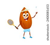 Cartoon almond nut character engages in a spirited game of badminton, showcasing its energetic nature and love for sports. Isolated vector playful kernel sportsman personage enjoying healthy activity