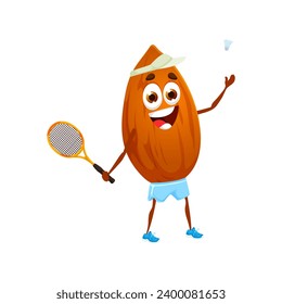 Caricatura de almendras participa en un animado juego de bádminton, mostrando su naturaleza energética y su amor por los deportes. Personaje deportivo de núcleo lúdico vectorial aislado disfrutando de una actividad saludable