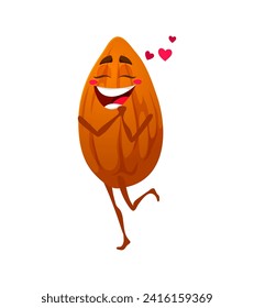 Caricatura de almendras se enamora. El aislado vector adorable núcleo con corazones alrededor descubre la magia del amor, llevando a un viaje reconfortante lleno de alegría, sorpresas y un amoroso romanticismo