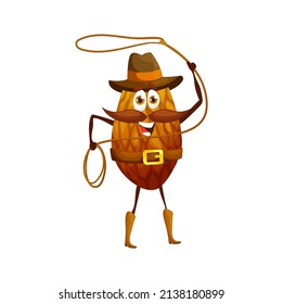 Cartoon almond nut cowboy character with lasso. Vector horseman peeled seed wear hat, belt and boots. Brave ranger fresh funny grain with rope, isolated fantasy personage, healthy food, vitamin