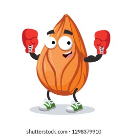 cartoon almond nut mascot in red boxing gloves on white background