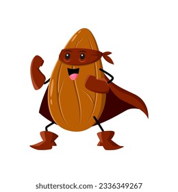 Caricatura de un personaje de superhéroe de almendras posando con máscara. Personaje fuerte de superhéroes, nutrición saludable y defensa de alimentos o mascota alegre del vector guerrero. Personaje infantil héroe de almendra aislado