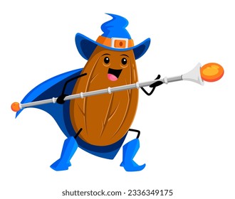 Cartoon almond nut wizard character armed with magic staff. Isolated vector warlock seed personage wearing blue Halloween pointy hat and cape. Healthy protein grain with spellbinding sorcerer stick