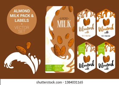 cartoon almond on milk splash. Almond milk pack with premium quality badge, organic labels tags. Colorful nut stickers. Nuts badges with splashes. Almond vector package set for web, print.