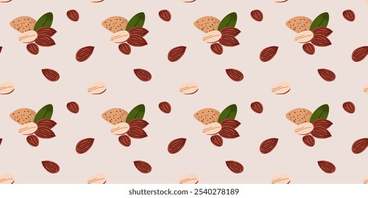 Cartoon Mandel nahtloses Muster. Nüsse in der Schale und geschälte Stücke. Gesundes Essen. Diät-Snack. Dekor Textil, Verpackung, Tapete Design. Druck für Stoff. Natürliches Pflanzendesign, Vektorgrafik
