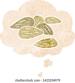 almendras de dibujos animados con burbuja de pensamiento en un estilo retro angustiado y con textura estrafalaria