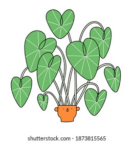 Cartoon alocasia character in a cute ceramic pot, vector illustration, isolated on white