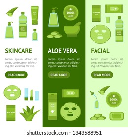 Cartoon Aloe Vera Gren Banner Vecrtical Set Concept Element Flat Design Style. Vector illustration of Icons Cosmetic Organic Product