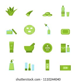 Cartoon Aloe Vera Gren Icon Set Concept Element Flat Design Style. Vector illustration of Icons Cosmetic Organic Product