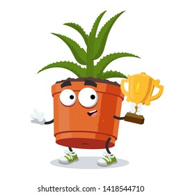 cartoon aloe vera plant in a pot mascot holds the number one cup on white background