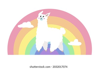 
Cartoon alpaca. Cute llama. Greeting card with rainbow and llama. Vector illustration