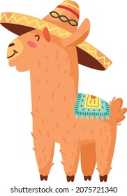 Cartoon alpaca. Cute smiling llama in mexican hat