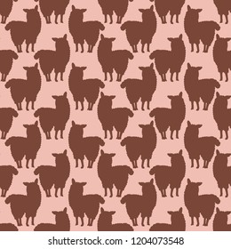 Cartoon alpaca llamas silhouette seamless pattern. Hand drawn flat childish style vector illustration. For pastel color summer fashion print, trendy background textures, packaging or kids room decor. 