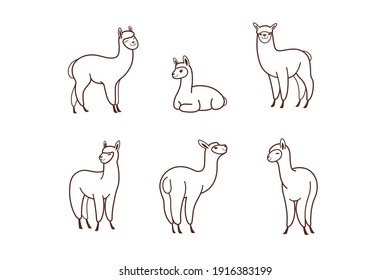 Cartoon alpaca in various poses. Сute animals set of icons. Contour vector illustration.