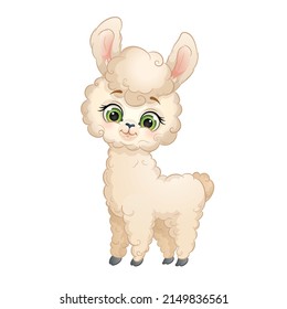 Cartoon alpaca, vector illustration. Cute farm animals, Isolated white background.