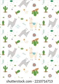 Сute cartoon Alpacas, flowers and Cactus. Seamless pattern. For kids design. Textile and fabrics.