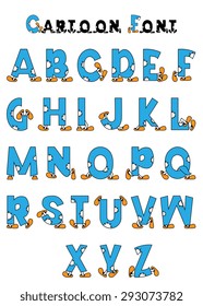 Cartoon alphabet in blue color with decorative elements