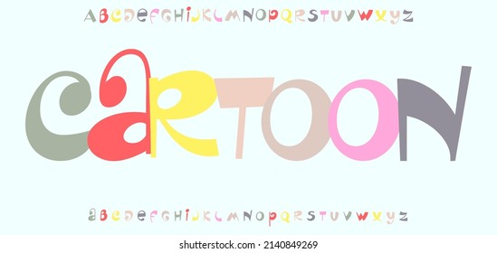 Alfabeto de dibujos animados. Letra infantil divertida. Tipo de juego para zona infantil, sala de juegos y juguete infantil. Logotipo alegre, titular de cumpleaños, tipografía de historietas. Letras de estilo Cheeky, diseño de tipo vectorial