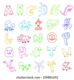 cartoon alphabet, color pencil line draft style