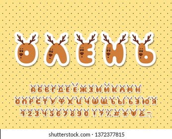 Cartoon Alphabet deer sticker design. Vector uppercase Russian letters, numbers. Bubble font with deer animal faces. Text Deer, Polka dot pattern background.