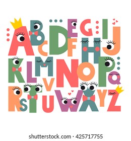 Cartoon alphabet with eyes and lashes on white background. Cute abc design for book cover, poster, card, print on baby's clothes, pillow etc. Colorful letters composition.