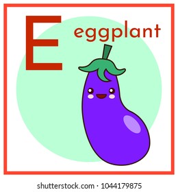 Cartoon Alphabet Flashcard. E is for Eggplant Flat vector illustration EPS