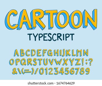 Cartoon alphabet font. Hand drawn letters, numbers and symbols. Stock vector typescript for typography design.