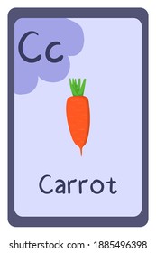 Cartoon alphabet food flash card for education. Letter C - carrot. Vector illustration. School, educational, study, learning concept.