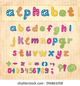 Cartoon Alphabet (individual objects) on vintage background. Comic font in colorful multicolor colors. Alphabet in style of comics. Letters and figures for kids' illustrations, comics, banners.