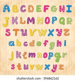 Cartoon Alphabet (individual objects) on vintage background. Comic font are painted differently. Alphabet in style of comics, pop art. Capital letters for kids' illustrations, comics, banners.