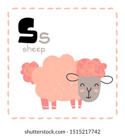 Cartoon Alphabet letter S for Sheep for teaching kids to read and write with upper and lower case text alongside a pretty little woolly pink sheep, vector illustration