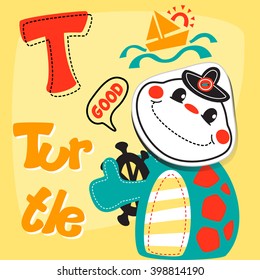 Cartoon alphabet letter t and turtle illustration vector.