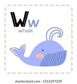 Cartoon Alphabet letter W for Whale for teaching kids to read and write with upper and lower case text alongside a cute blue baleen whale blowing a spout of water, vector illustration