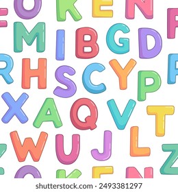 Cartoon alphabet, letters seamless pattern, background. Cute children doodle vector illustratons