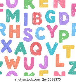 Alfabeto de desenhos animados, letras sem emenda padrão, fundo. Crianças bonitas rabiscar ilustrações vetoriais