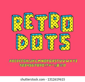 Cartoon Alphabet with Polka dots pattern. Vector Letters, numbers and punctuation marks