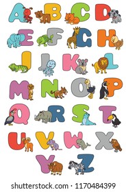 cartoon alphabet poster. Vector illustration of educational alphabet  with cartoon character for kids