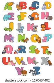 cartoon alphabet poster. Vector illustration of educational alphabet  with cartoon character for kids
