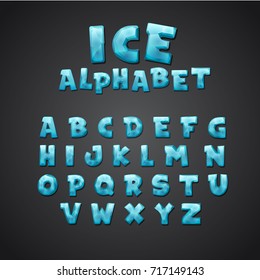 Cartoon alphabet set. Creative comic font. Letters for kids' illustrations, game design, posters, comics, banners. Font made of ice water. Typography vector illustration.